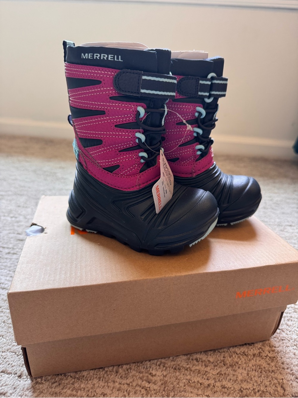 Merrell Kids Black and Pink Insulated Snow Boots with Hook-and-Loop Strap